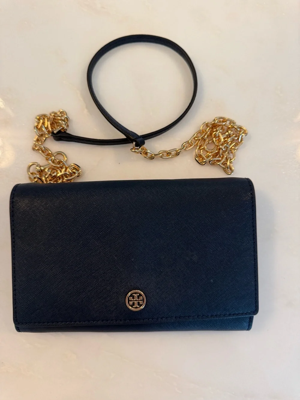 Tory Burch Navy Saffiano Leather Crossbody with Gold Chain
